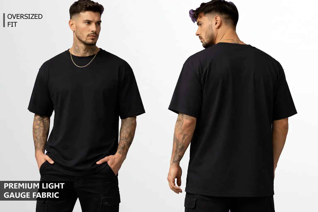 A young man wearing black oversized tshirt front view and back view
