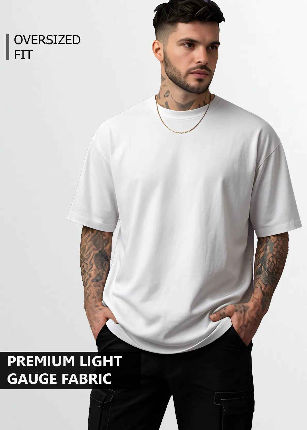 A young man wearing white oversized tshirt front view