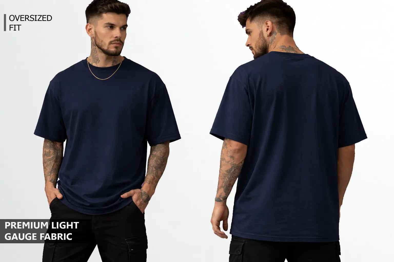 A young man wearing navy blue oversized tshirt front view and back view