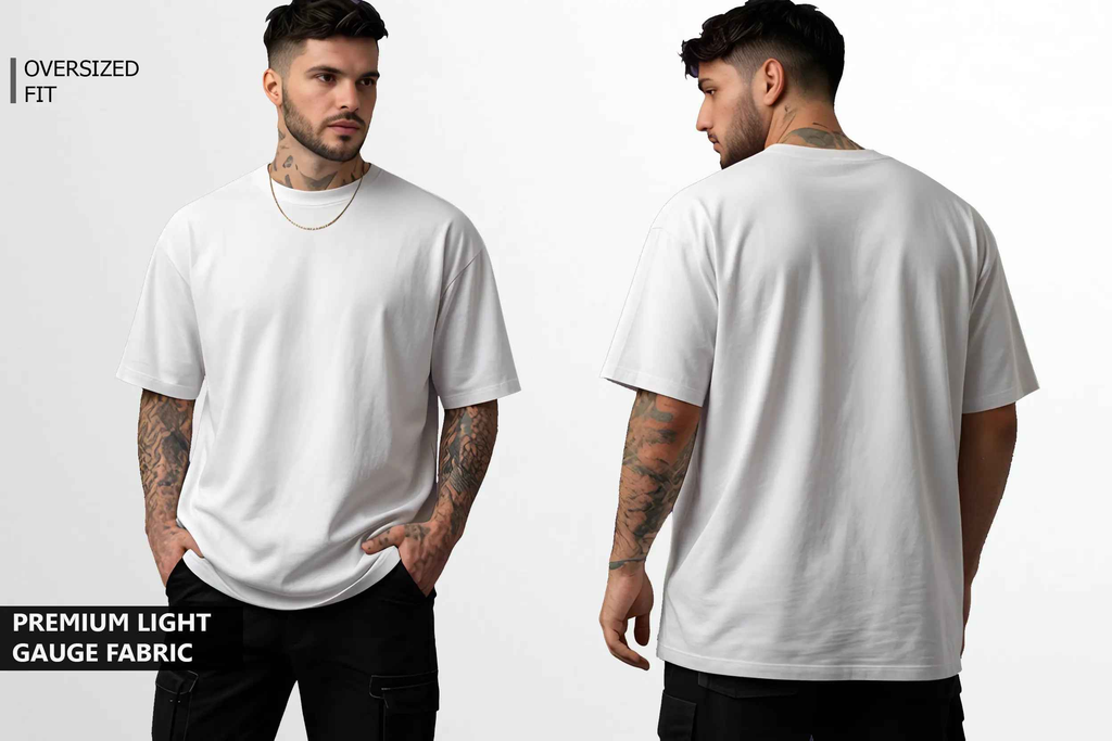 A young man wearing white oversized tshirt front view and back view