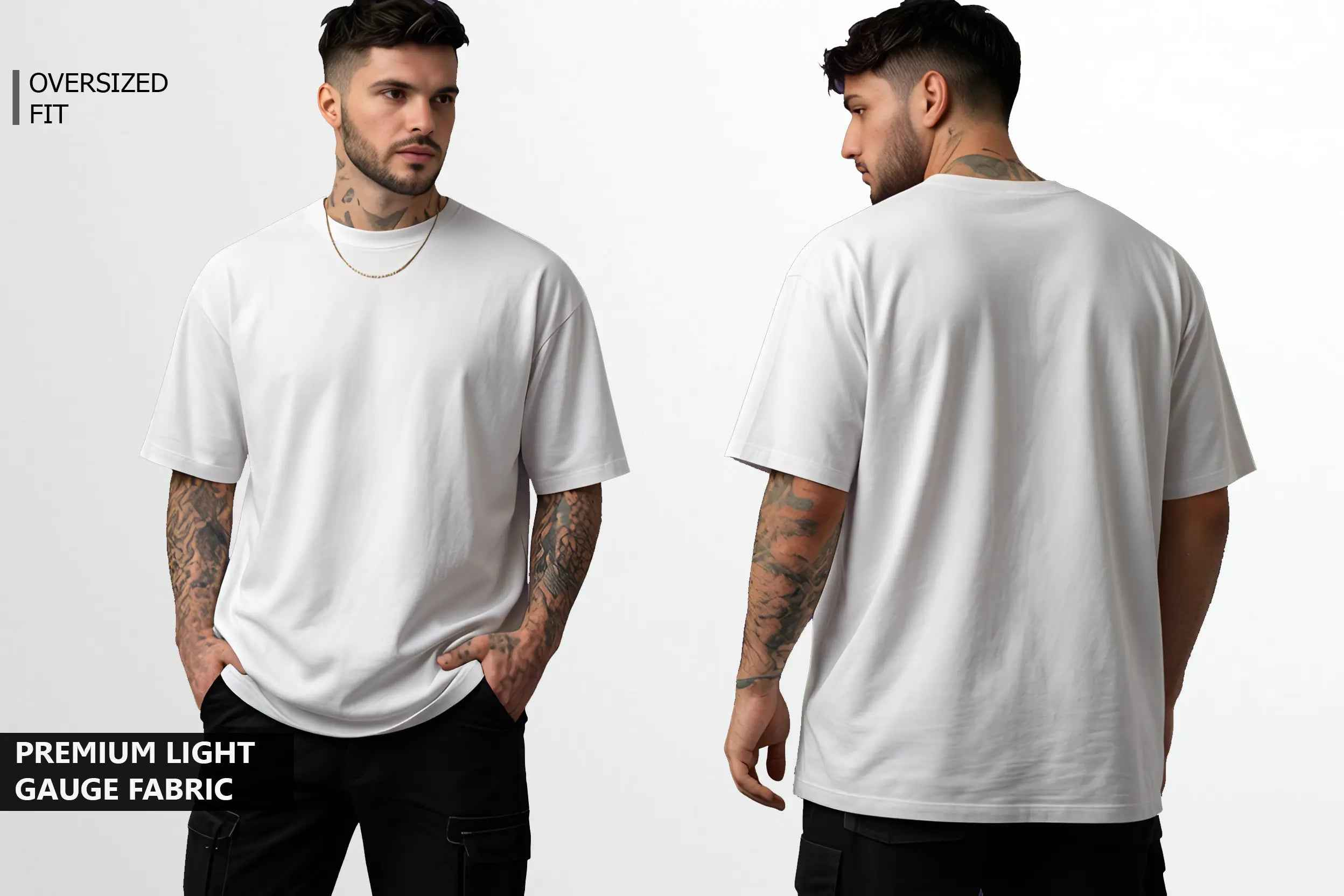 A young man wearing white oversized tshirt front view and back view
