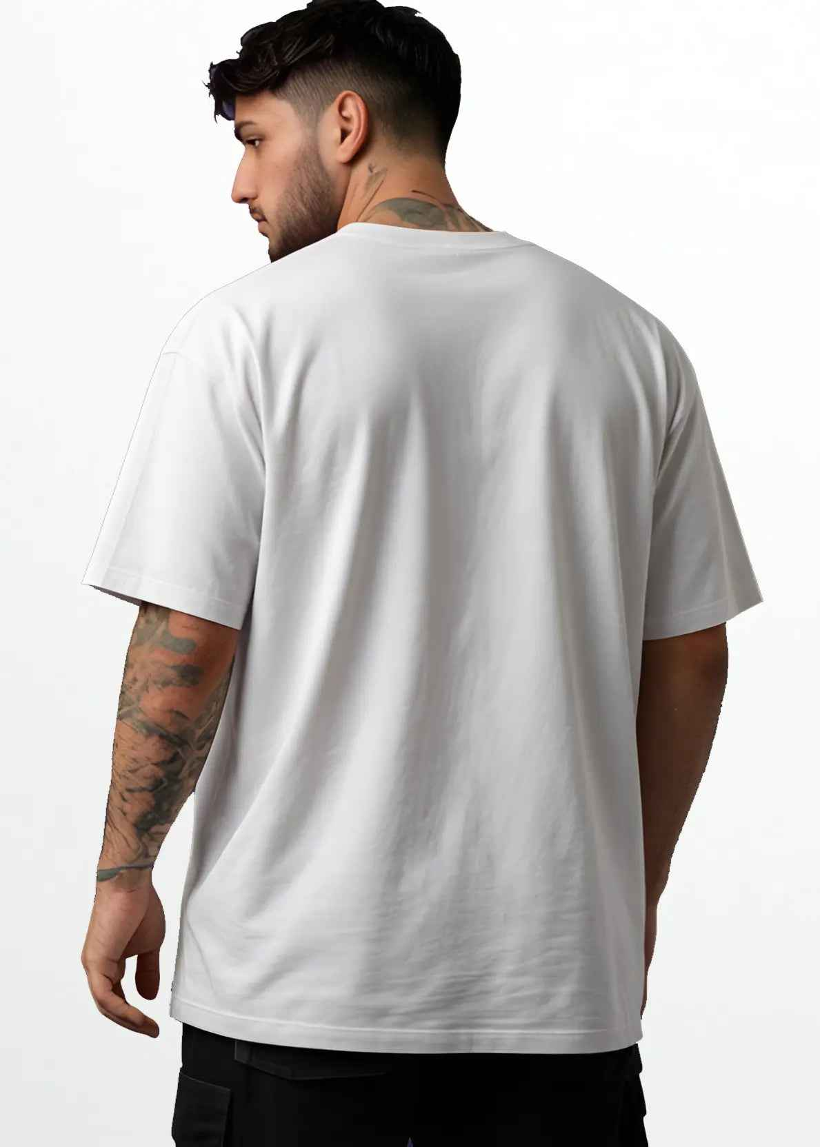 A young man wearing white oversized tshirt back view