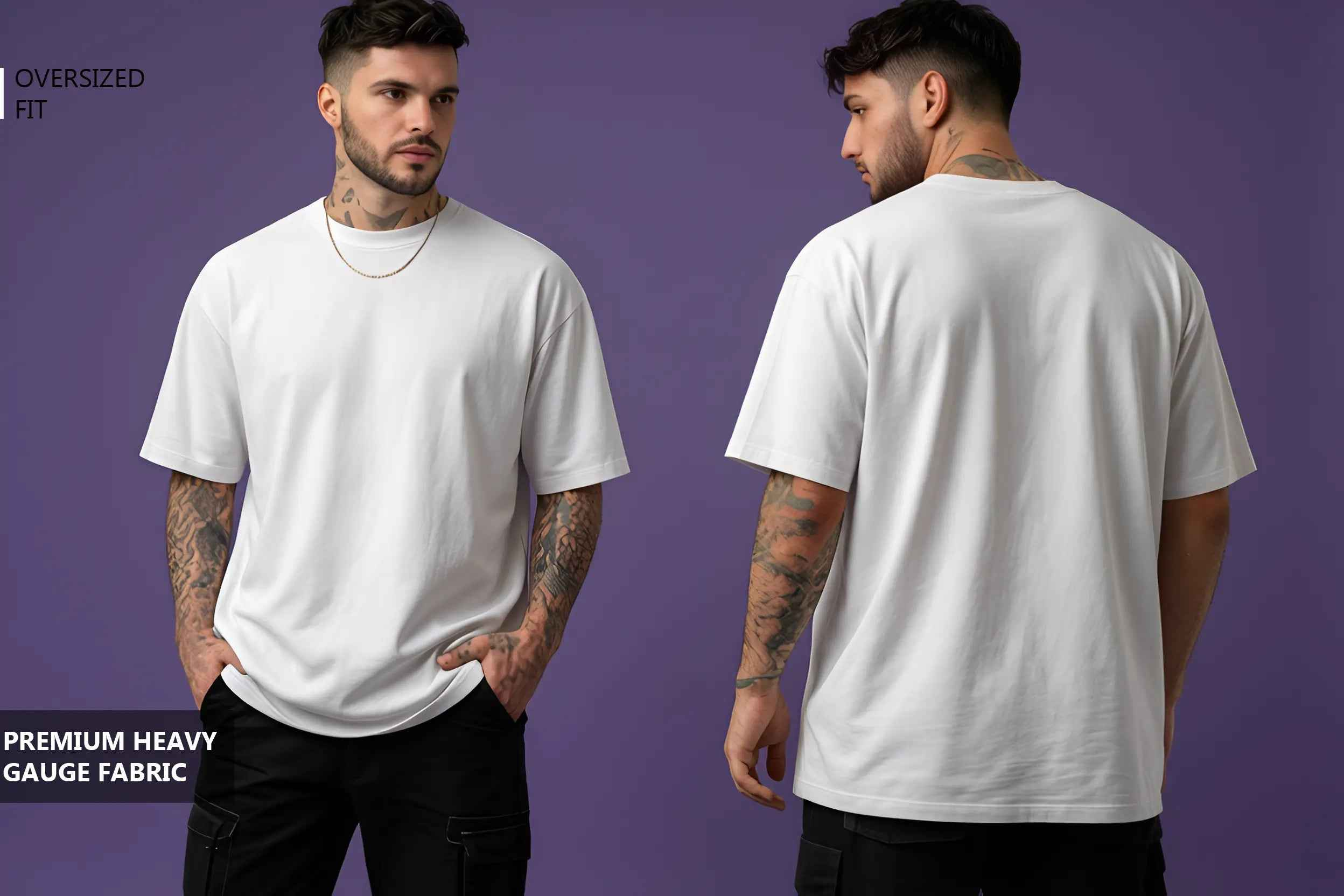 A model is wearing a white oversized t-shirt, standing against a purple background. The shirt features a relaxed fit and is paired with black cargo pants, showcasing a casual yet stylish look.